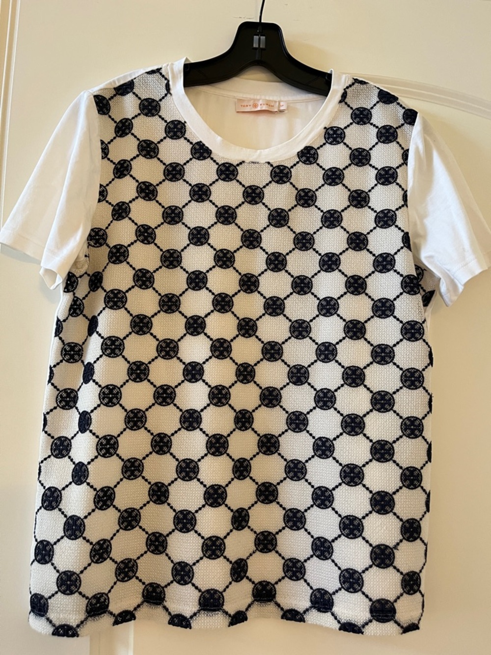 Tory Burch White Top with Navy Embroidered Medallions